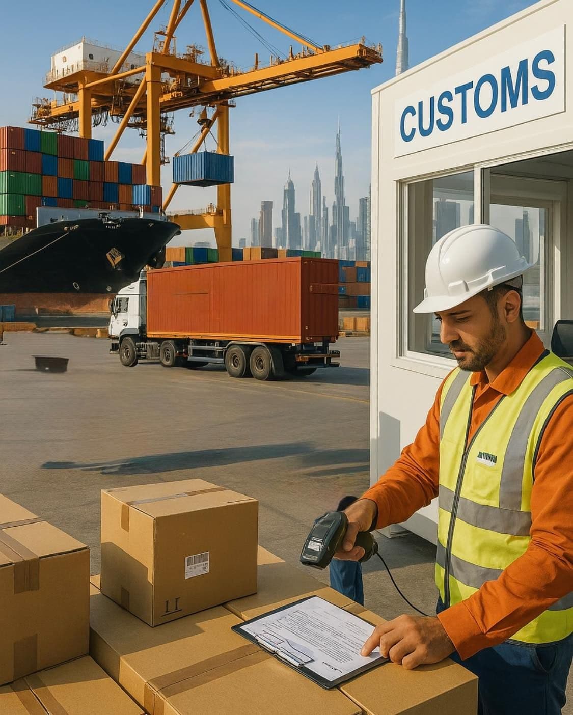 Khemka Shipping customs officer inspecting cargo at a container port