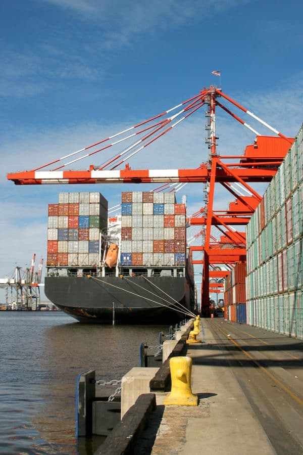 Container ship being loaded at the dock